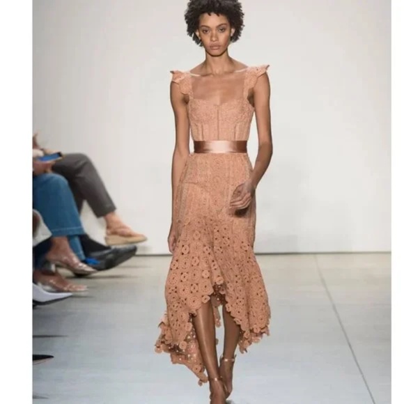 JONATHAN SIMKHAI Cotton-Macramé Lace Handkerchief-Hem Coral-Peach Dress 4 - Picture 11 of 11